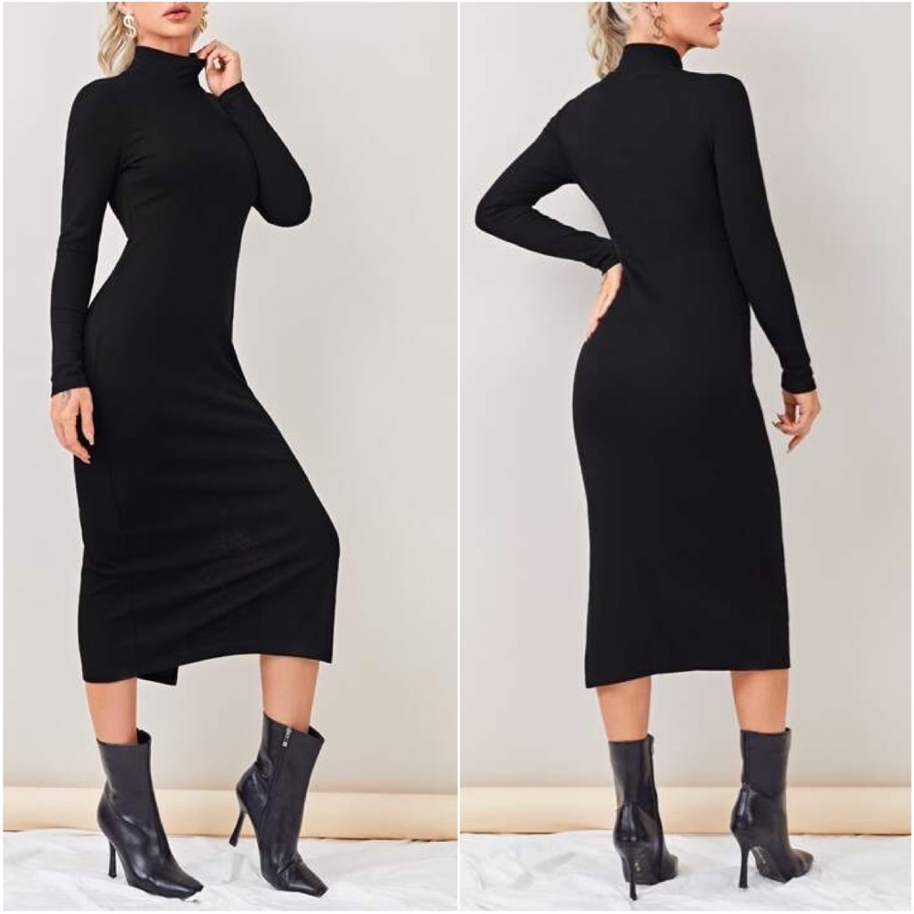 Black Mock Neck Bodycon Fitted Slit Midi Dress - Picture 2 of 2